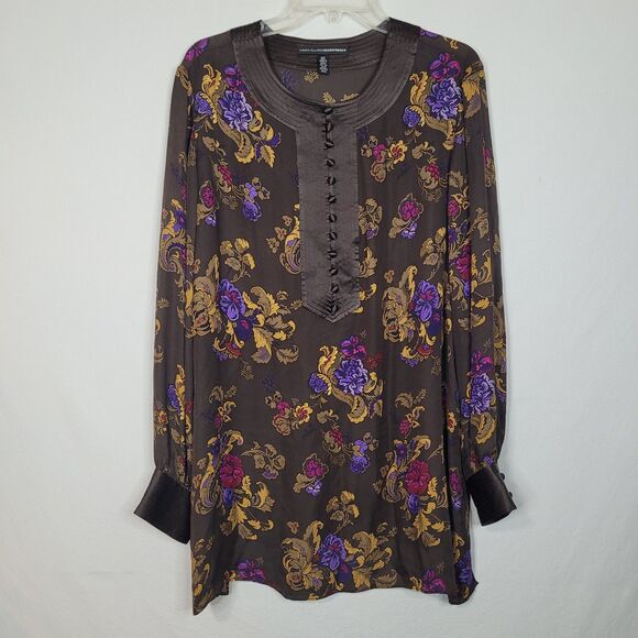Linda Allard Ellen Tracy 100% Silk Floral Tunic Womens 3X Long Seeve Sheer VTG - Picture 1 of 11